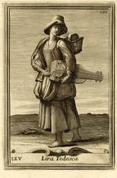 Mujer tocando la rueda antigua (o "Lira tedesca" o "ghironda"). En el "Gabinetto Armonico" de Filippo Bonanni, Roma.