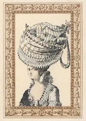 Mujer con un enorme sombrero llamado la Felicidad del Siglo. Litografía coloreada a mano por de Laubadere, de la obra de Octave Uzane Peinados con estilo o galas excéntricas de la época del rey Luis XVI, Hairstyles de Style, La Parure Eccentric, Rouveyre, 