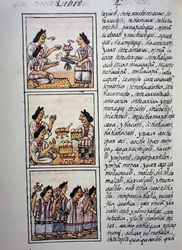 Mujeres preparando un banquete, Libro IV del Códice Florentino, versión bilingüe en español y náhuatl, Historia General de las Cosas de Nueva España (Historia general de las cosas de Nueva España), Civilización azteca