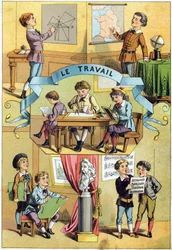 Trabajo en el aula. Grabado en "Alfabeto de los pequeños escolares". Imágenes de Epinal, circa 1885. Colección Privada