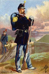X: Infantería de marina. Grabado en "Alfabeto Militar". Iniciales del ilustrador: A. D. Editor desconocido. Cromolitografías finales del siglo XIX. Dim: 10,5x7cm