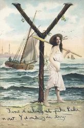 Y: Una mujer descalza, vestida con un vestido corto sin mangas, sostiene un remo sobre su hombro izquierdo. Decoración marina - Alfabeto personajes Ref Th. E., L. Theochrom - Serie 994. Theodor Eisman, editor, Leipzig