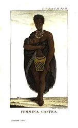 Joven san amamantando a su hijo, Sudáfrica. Lleva capa, collares y falda de cuentas. De Francois Le Vaillant (Levaillant