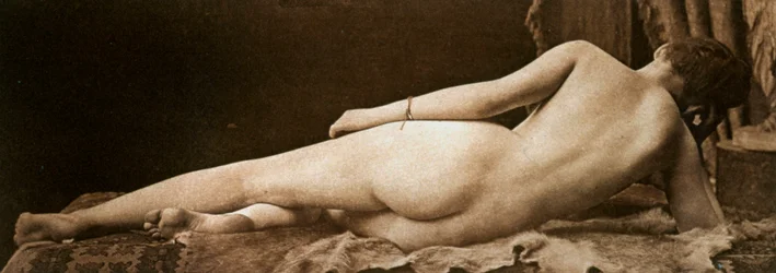 Mujer joven desnuda vista de espaldas, tumbada sobre una piel de animal
