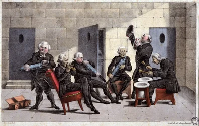 aficionados tocando una courante, caricatura francesa contra los médicos (sosteniendo jeringuillas y orinales como instrumentos musicales) y el purgante en el siglo XVIII, grabado de Elgelmann, c. 1830
