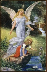ángel de la guarda velando por un niño, c. 1910 (tarjeta postal)