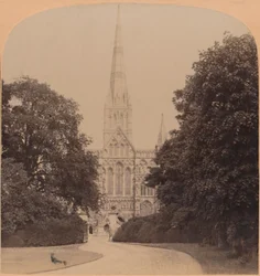 Fachada noroeste de la Catedral de Salisbury, Inglaterra, primera gran iglesia del estilo inglés temprano, 1900