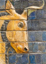 Estambul, Turquía. Museo Arqueológico. Toro de ladrillo vidriado en relieve de la Puerta de Ishtar, Babilonia, del período de Nabucodonosor II, circa 604-562 a.C.