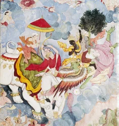 Krishna, en el dios pájaro Garuda lucha contra Indra en elefante, manuscrito Harivamsa, c1590
