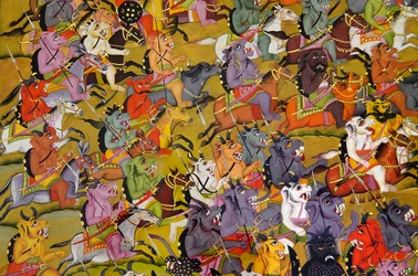 Pintura Marwar: (detalle) Los demonios se preparan para la batalla contra la diosa Durga, Museo del Palacio de Mehrangarh, Jodhpur, Rajasthan, India