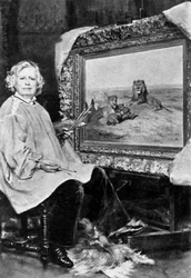 Rosa Bonheur (1822-1899) pintora de vida silvestre francesa aquí frente a uno de sus lienzos que representa leones c. 1875