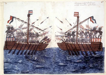 Grabado del siglo XVI que representa el encuentro con un barco pirata en el Océano Índico. Biblioteca Casantense de Roma.