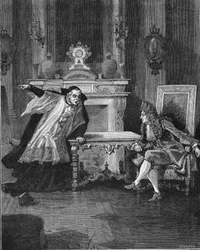 El rey de Francia Luis XIV (1638-1715) escuchando las palabras del Padre Michel Le Tellier (1643-1719), su confesor jesuita. Grabado del siglo XIX. En “Histoire de France” de Jules Michelet