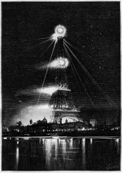 Exposición Universal de 1889: la Torre Eiffel iluminada por fuegos de Bengala la noche de la inauguración de la exposición, 6 de mayo