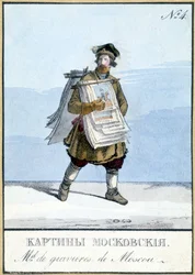 Comerciante de grabados en Moscú del siglo XIX. Ilustración del siglo XIX.