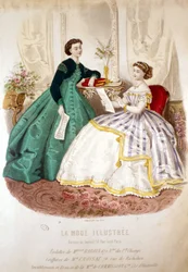2 mujeres leyendo: aseo de la señorita Raboin y los peinados de M. Croisat - en “La Moda ilustrada”