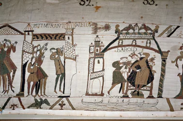 32: La aparición del cometa; 33: Un mensajero advierte al Rey Harold II (1022-1066) - Tapiz de Bayeux, conocido como Bordado de la Reina Matilde