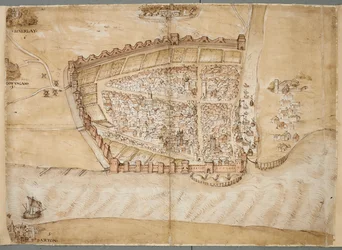 Representación de la ciudad de Hull en el siglo XVI.
Este mapa muestra la ciudad de Hull, situada donde el río Hull desemboca en el estuario del Humber. Forma parte de una serie de planos trazados para mostrar el estado de las defensas costeras a finales 