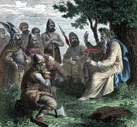 Un bardo recitando a los nórdicos - Civilización vikinga: Un bardo druida recita poesía a los guerreros, siglo VIII-IX