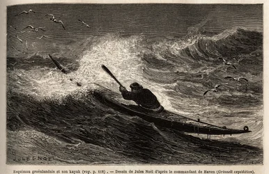 Un kayak de Groenlandia, pasando la barrera de olas. Grabado para ilustrar el viaje al mar libre del polo Ártico, por el Doctor Hayes, cirujano de la Marina de los Estados Unidos, en 1860-1862, publicado en "Le tour du monde, nouveau journal des voyages", 