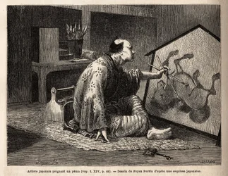 Un artista japonés pintando una yema (pintura de caballo legendario). Grabado para ilustrar el viaje a Japón, en 1863-1864, por Aime Humbert, ministro de la Confederación Suiza, en 
