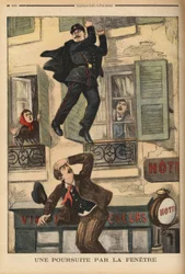 Un policía de Montreuil no duda en lanzarse por la ventana para perseguir a un ladrón, que acaba de saltar para escapar de sus perseguidores. Grabado en "Le petit journal" 17/12/1899. Colección Selva