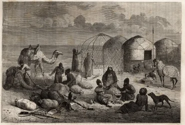 Un campamento turcomano en la zona fronteriza de Turkestán y Persia, cada tienda, compuesta de celosía de madera y cubierta de fieltro, alberga a una familia. Grabado para ilustrar la historia de Henri de Blocqueville "14 meses de cautiverio entre los turc