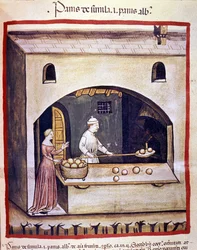 Un panadero prepara pan blanco y pan de sémola. Iluminación del tratado de medicina y dietética "Tacuinum sanitatis"