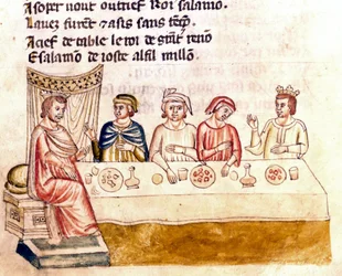 Una escena de banquete: un rey y sus invitados - Miniatura del códice “La Entrada de España” (Ms.Franc.21) siglo XIV. Biblioteca Marciana, Venecia.