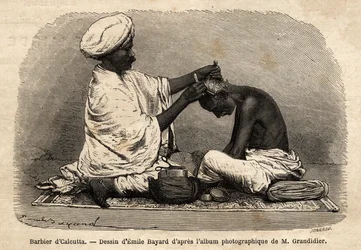 Un barbero trabajando en las calles de Calcuta. Grabado para ilustrar el viaje en las provincias meridionales de la India, por Alfred Grandidier, en 1862-1864, publicado en 