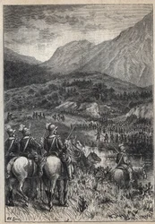 Un campo de batalla - ilustración del siglo XIX para la novela histórica “Los Puritanos de Escocia” (Vieja Mortalidad) de Walter Scott (1771-1832)