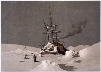 Un barco atrapado en el hielo - en “Las costas del mar polar, una narración de expedición ártica”, por el Dr. Edward Moos, Marcus Nard & Co, Londres