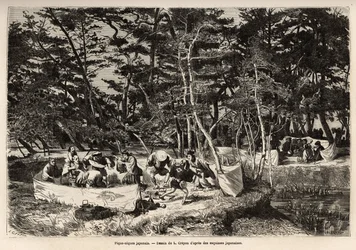 Un picnic burgués en los suburbios de Edo (actual Tokio), dentro de un recinto de tela, los invitados, generalmente dos familias, comparten su comida y a menudo contratan músicos, bailarines y mimos para la ocasión. Grabado para ilustrar el viaje