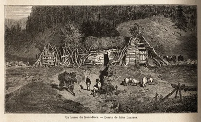 Un burón de Mont-Dore (Mont Dore), un edificio ubicado en los pastos de montaña del centro de Francia, opera estacionalmente, se usa para hacer queso de mayo a octubre y para albergar vacas. Grabado para ilustrar el viaje a los volcanes del centro de Franc