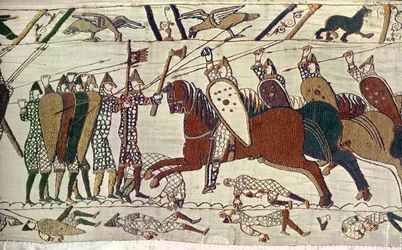 Un ataque de caballería. Tapiz de Bayeux, bordado (tapiz)