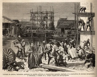 Un sitio de construcción para una casa europea en Edo (Tokio) con cortadores de piedra, terraceros, mezcladores de mortero, yeseros y carpinteros empleados allí. Grabado para ilustrar el viaje a Japón, por Aime Humbert, ministro de la Confederación Suiza, 