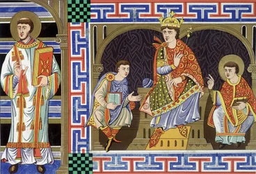 Un diácono, una figura noble, un rey y un obispo ilustrando a la gente del siglo X; Ilustración del siglo XIX extraída de Francia en el siglo X