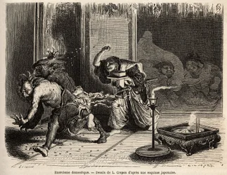 Un exorcismo doméstico, ceremonia del oni arahi, el jefe de la casa vestido con sus mejores ropas, espada en el cinturón, recorre a medianoche las habitaciones de su casa y arroja habas tostadas para ahuyentar a los demonios y atraer al dios de la riqueza 