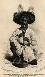 Un faquir, encantador de serpientes. Grabado para ilustrar el viaje en las provincias meridionales de India, por Alfred Grandidier, en 1862-1864, publicado en "le tour du monde", bajo la dirección de Edouard Charton, Hachette, París 1869. Colección Selva