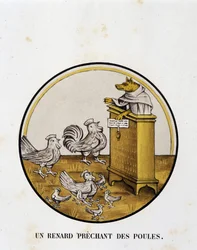 Un zorro predicando a las gallinas (novela de Renart) - caricatura religiosa, Limoges