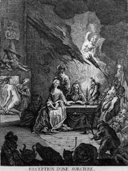 Una niña es recibida por una bruja, rodeada de criaturas monstruosas (¿en una ceremonia de iniciación?). Grabado del siglo XVII