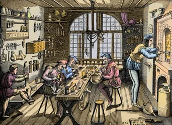 Taller de un orfebre - Artesanía: vista del taller por Etienne Delaune, orfebre e impresor francés. Grabado después de un original de 1576. Taller de Etienne Delaune, un orfebre en París
