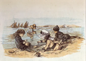 Un grupo de niños jugando junto al agua en la arena. 1881