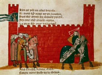 Un grupo de caballeros saliendo de un castillo