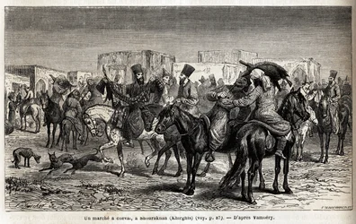 Un paseo a caballo en Shurakhan (Kirguistán). Dibujo de Emile Bayard para ilustrar el viaje a Asia Central en 1863 de Arminius Vambery. Grabado en 