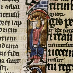 Un rey asistiendo a la reconstrucción del templo de Jerusalén (Detalle de una página manuscrita de la Biblia de San Ludovico) siglo XIV Biblioteca Comunale Assises, Italia