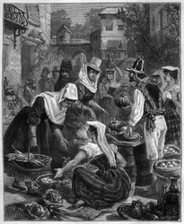 Un día de mercado en Tenerife en las Islas Canarias en el Océano Atlántico - grabado de 1888