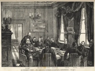 Una reunión de la Conferencia Europea de Constantinopla Guerra Serbia-Búlgara, Turquía - Guerra Serbo-Búlgara - Una reunión de la conferencia diplomática en Constantinopla - 1885 - en el universo ilustre de 1886 (Alexander de Nalidov (Nelidoff) (1835-1910)