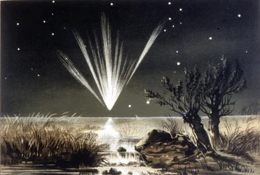 Un meteorito cayendo al mar. Litografía en color de finales del siglo XIX