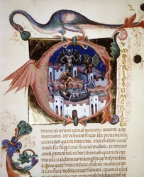 Una letra miniada “A” representando la ciudad del diablo. Manuscrito del siglo XIV “De Civitate Dei” de San Agustín. Biblioteca Comunale di Rimini